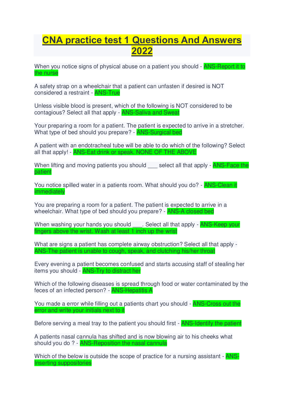 Preview image of CNA practice test 1 Questions And Answers  2022 document